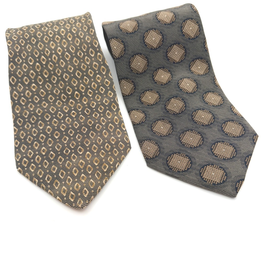 Stafford‎ Mens 2 Pack Silk Blend Neckties Brown Gold Geometric Polka Dot 3.75"